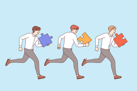 Teamwork of business men running together side by side with puzzle pieces in hands to complete taskのイラスト素材