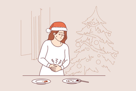 Stomach pain caused by overeating at christmas dinner plagues woman in need of medicationのイラスト素材