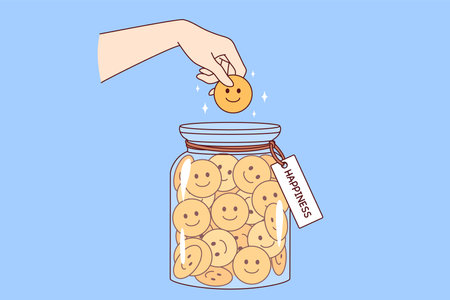Hand human collecting happiness, putting positive emojis into jar, of preserving fun moments in lifeのイラスト素材