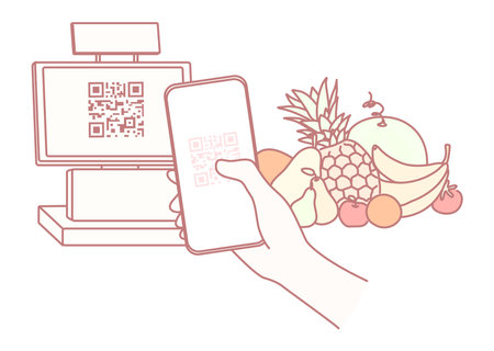 A modern checkout with a QR code and groceries illustration, emphasizing cashless convenienceのイラスト素材