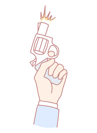 An illustration of a hand gripping a gun with a vivid firing effect, showcasing actionのイラスト素材
