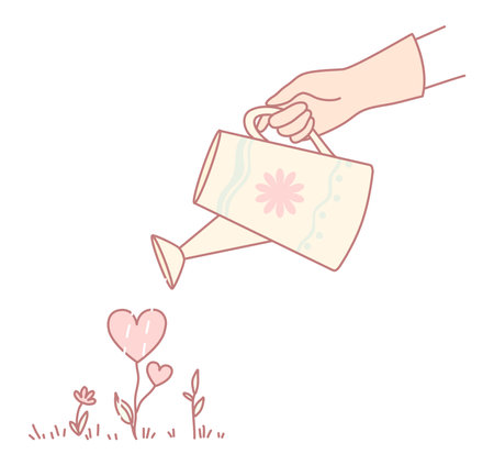 Hand watering a beautifully heartshaped plant that features a charming and cute designのイラスト素材