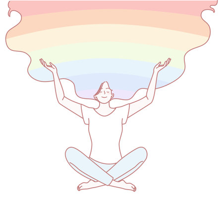 Artistic illustration of a woman meditating with joyful, serene rainbow hair colorsのイラスト素材