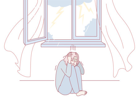 This is an illustration depicting a person who is feeling anxious and fearful during a stormのイラスト素材