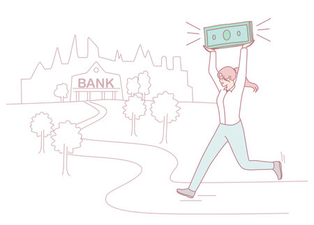 A Joyful Character is Celebrating Financial Success Outside of a Bank with Happiness and Excitementのイラスト素材