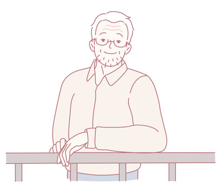 A Cheerful Elderly Man Enjoying His Time While Standing by the Railing in the Outdoorsのイラスト素材