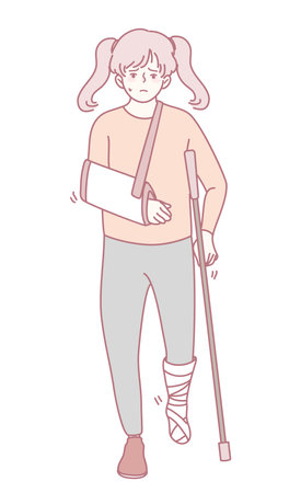 A Brave Injured Girl is Walking with Crutches and has her Arm in a Sling for Support and Healingのイラスト素材
