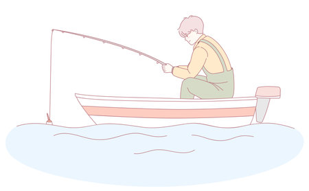A serene and calm fishing scene is set in a small boat gently floating on a tranquil lakeのイラスト素材