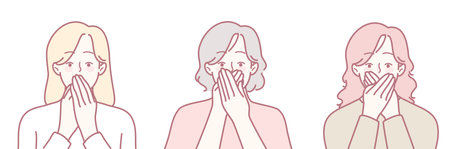 Expressive Women Who Are Artistically Covering Their Faces in Various Creative Designs and Stylesのイラスト素材