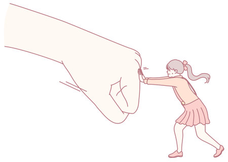 A young girl fights bravely against a massive hand, depicted in a captivating illustrative styleのイラスト素材