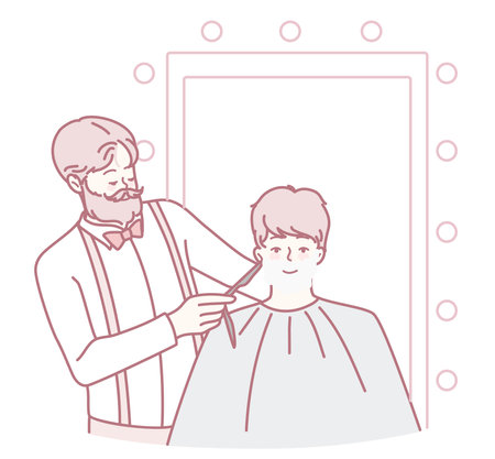 A Skilled Barber Thoughtfully Cutting Hair in a Beautiful VintageStyle Salon Settingのイラスト素材