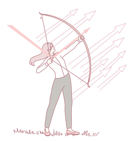 A dedicated woman practicing the art of archery with intense focus and remarkable precisionのイラスト素材