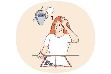 Robot assistant prompts young female student sitting at table and writing thesis.のイラスト素材