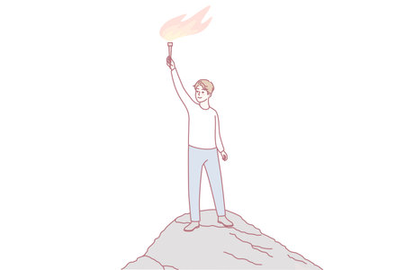 Happy man standing on top with fireのイラスト素材