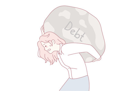 Tired woman carry debt stone on backのイラスト素材