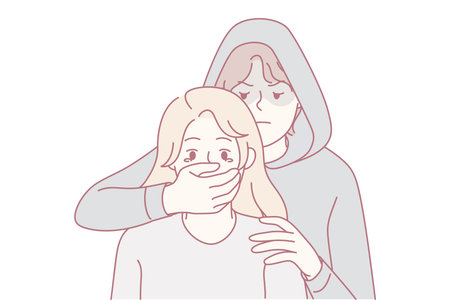 Man in hood close terrified woman mouthのイラスト素材