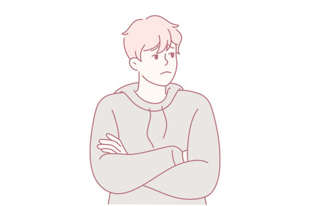 Frowning man poised, Person standing with arms crossed and skeptical expression indicating doubt or suspicionのイラスト素材