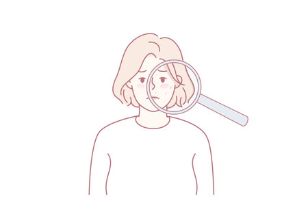 Unhappy woman with acne on face skinのイラスト素材