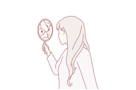 Woman looking in broken mirrorのイラスト素材