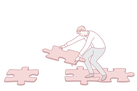 Man connecting jigsaw puzzle making wayのイラスト素材