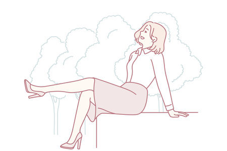 Fashionforward woman seated on city wall, Chic professional woman rests outdoors with stylish poiseのイラスト素材