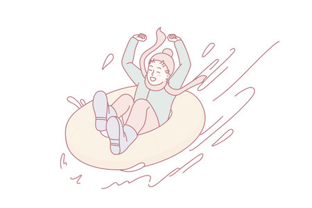 Happy child riding from winter hillのイラスト素材