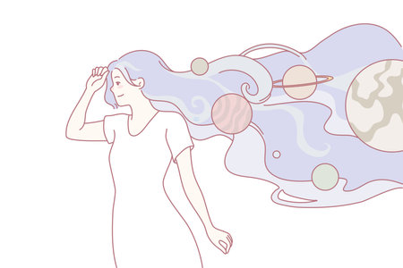 Woman with universe draw on hairのイラスト素材