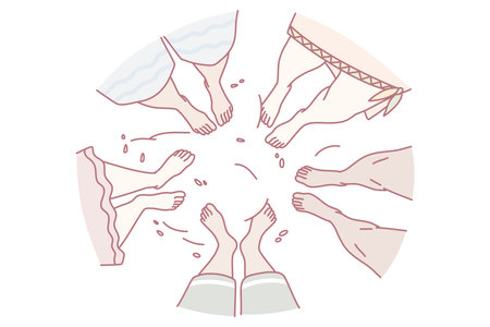 circle of underwear and bare legs, pastel illustration showing women friends exchanging panties during cozy laundry ritual, soft fabrics and varied skin tones, intimate supportive atmosphereのイラスト素材