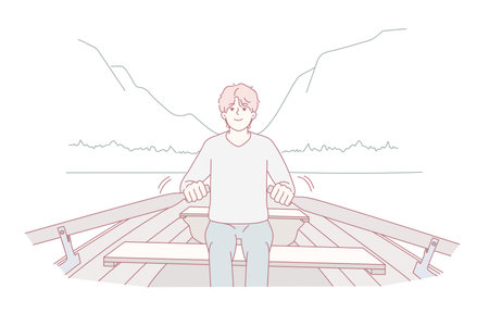 Man sit in boat rowing in mountain landscapeのイラスト素材