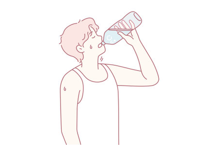 Postexercise water intake for recovery, Individual rehydrates after physical activity outdoorsのイラスト素材
