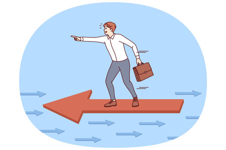 Oppositional actions of investor acting differently, standing on arrow flying in opposite directionのイラスト素材