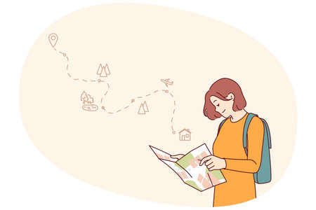 Woman tourist uses paper map to travel through nature reserves and plot route to destinationのイラスト素材