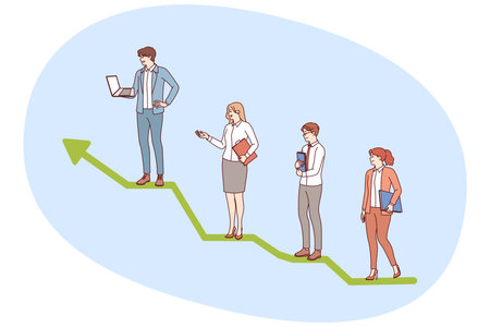 Business people stand on career progress line in form chart, receiving promotions due to good workのイラスト素材
