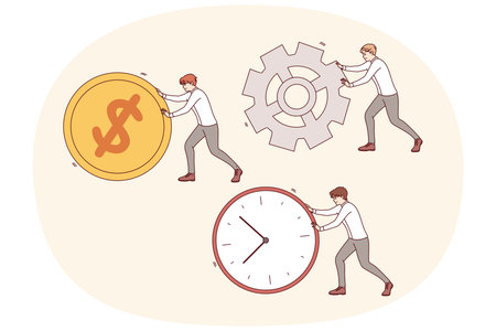 Working to increase productivity of business, from managers rolling large clock and coin or gearのイラスト素材