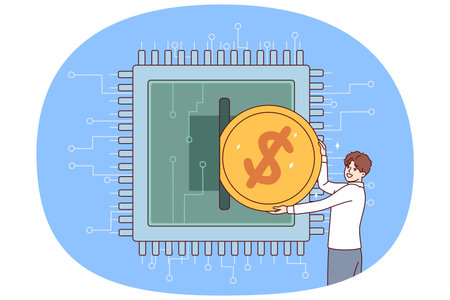 Man invests in development of microchips and semiconductors, by inserting coin into microprocessorのイラスト素材
