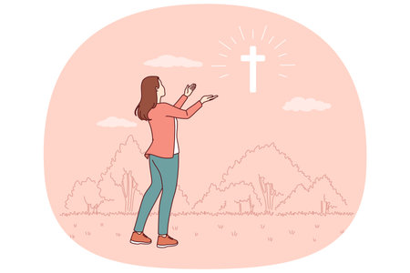 Catholic woman looks at cross glowing in sky, praying to god for help in finding right pathのイラスト素材