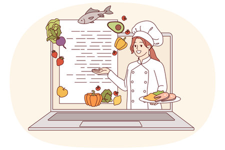 Online cooking course from woman chef looking out of laptop screen and recommending recipeのイラスト素材