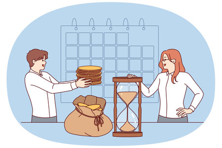 Payroll schedule near business people with money standing near calendar and hourglass
