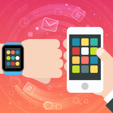 Smart Watch and Smartphone Synchro concept with mobile apps icons. Vector illustrationのイラスト素材
