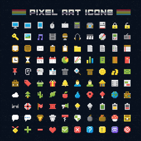 Vector Pixel Art Icons. Oldschool video game pixel style icons for any web or mobile applications and presentationのイラスト素材