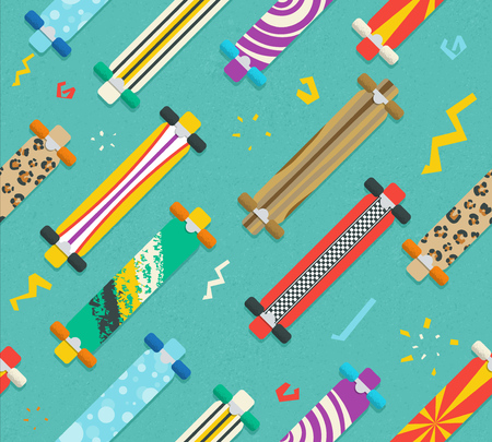 Various Longboards Diagonal Seamless Pattern. Vector Backgroundのイラスト素材