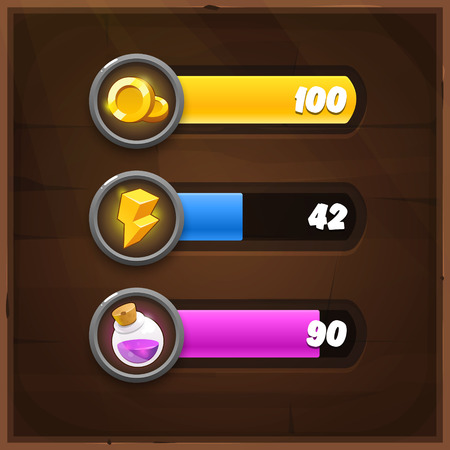 Game Resources Icons with Progress Bars on wooden background. Vector GUI elements for mobile gamesのイラスト素材