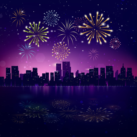 Night City Skyline with Fireworks. Vector Holiday Cityscape Backgroundのイラスト素材