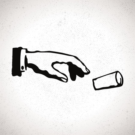 Black hand silhouette droppin garbage. Vector hand drawn sign in grunge styleのイラスト素材