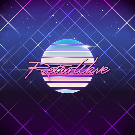 80s Retro Sci-Fi Background. Vector futuristic synth retro wave illustration in 1980s posters style. Suitable for any print design in 80s styleのイラスト素材