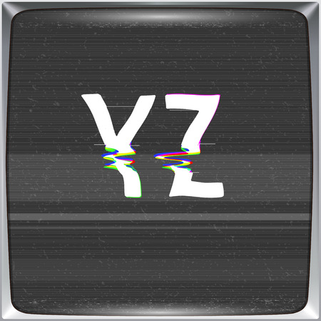 Font with glitch effect on TV screen background. Vector distorted letters from Y to Z on retro CRT screenのイラスト素材