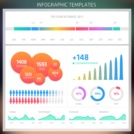 Vector Infographic design templates. Set of charts and elements for statistic, diagram, workflow, timeline and options. Suitable for brochure, annual report, presentation, web and application design.のイラスト素材