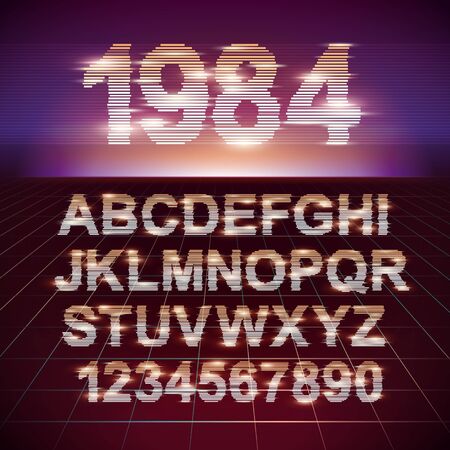 Retro CRT screen Futuristic Movie Font. Stylish Retro Synth Wave Alphabet in 80s style. Vector font on laser grid backgroundのイラスト素材