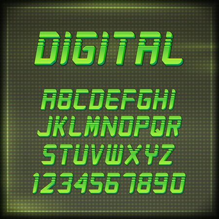 Virtual Reality Retro Arcade Font. Stylish Retro Synth Wave Alphabet in 80s style. Vector font on CRT display backgroundのイラスト素材