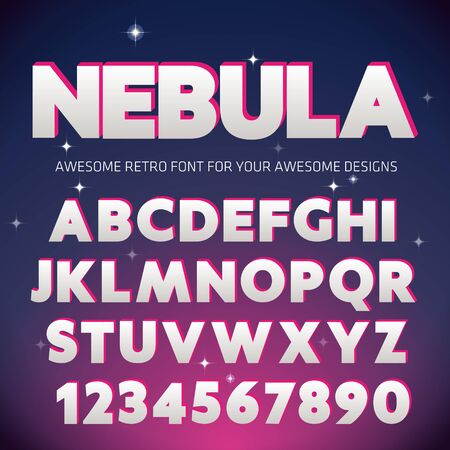 Retro 3D Font with vivid shadow. Vintage Alphabet on 80s Retro Sci-Fi Background. Vector futuristic synth retro wave illustration in 1980s posters style. Suitable for any print design in vintage style.のイラスト素材